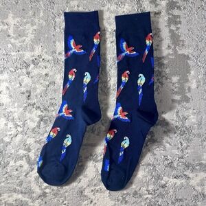 Navy Blue Parrot Print Crew Socks Tropical Macaw Novelty Pattern Dress Socks